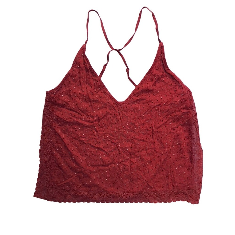 Free People Scarlette Cami Top Women XS Red Beaded Lace Trim Boho Tank